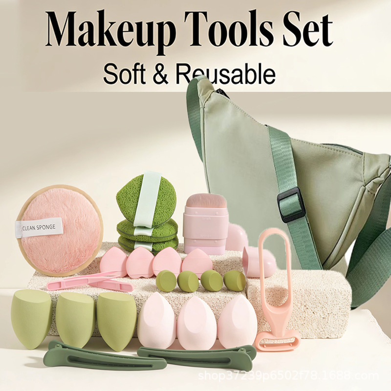 Beauty Makeup Tools Set - スタイリッシュな餃子型バッグと23点グリーンメイクアップセット、ソフトフィンガースポンジ、ヘアクリップ、おしゃれでトレンディな夏の美容ツールキットギフト