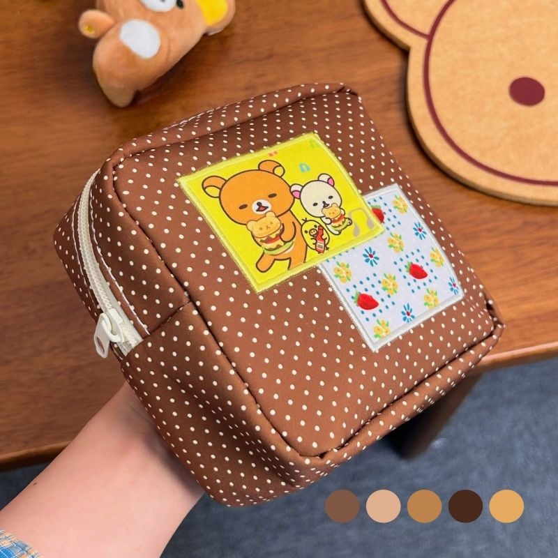 Beauty Makeup Vanity - かわいいリラックマブラウンポルカドット化粧品バッグかわいいクマのパッチプリントジッパー収納ポーチ大容量旅行用化粧バッグ
