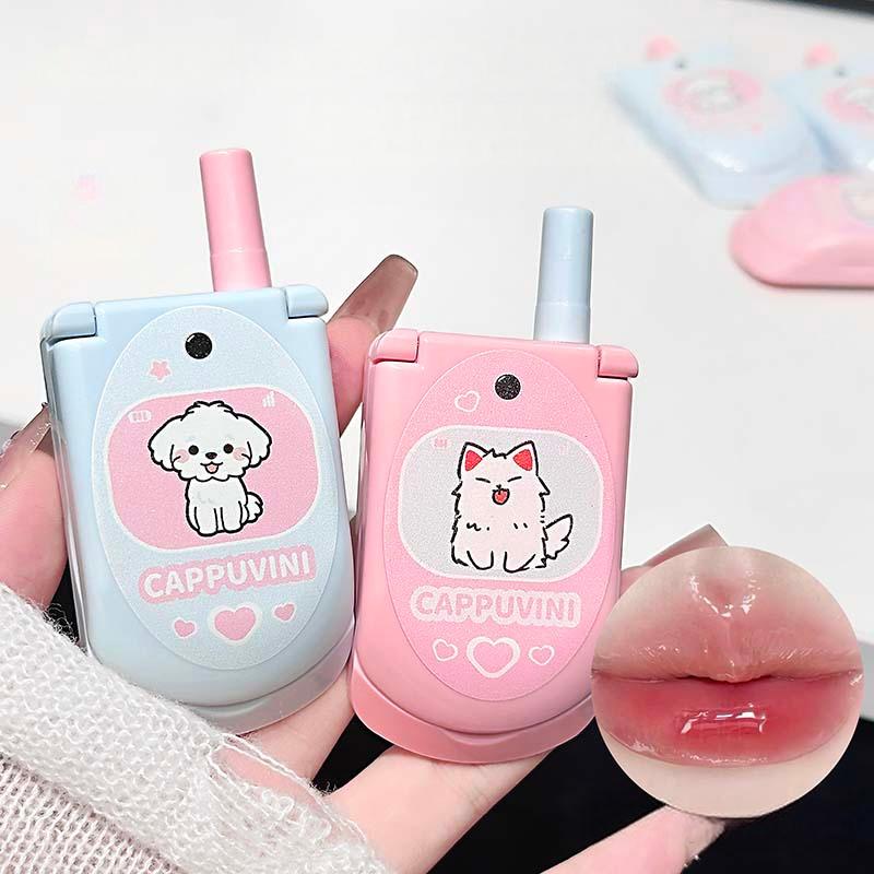 Lip Gloss Plumping - デュアルカラー保湿ソリッドリップグロス、フリップフォンデザインの口紅、内蔵ミラーとリップブラシ付き、長持ちするプランピングリップメイクアップ
