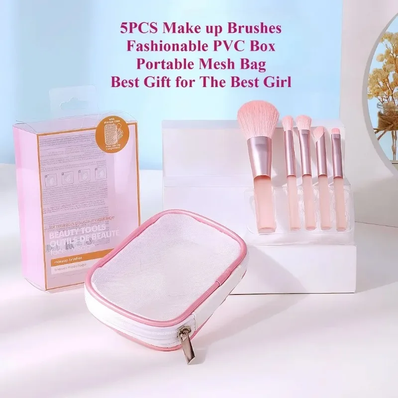Beauty Makeup Gift Sets - 5本メイクブラシセット 超ソフトパウダーブラッシュブラシ ポータブルネットバッグ付き 化粧品美容ツールキット 女性へのプレゼントに最適