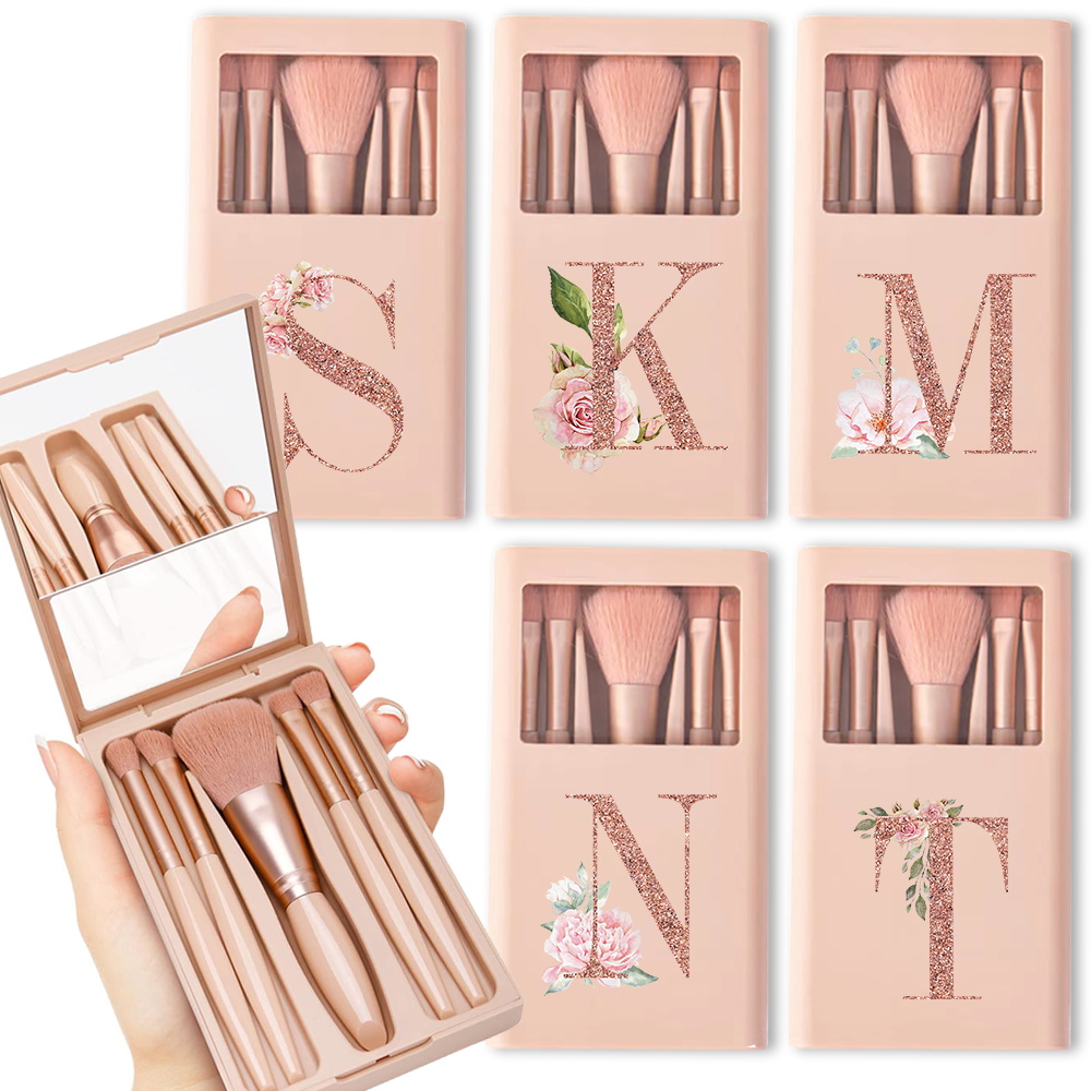 Beauty Makeup Tools Set - 5 個の化粧ブラシキットミラーとケース付き折りたたみボックス収納化粧ブラシセットポータブル美容ツールローズゴールド文字パターン