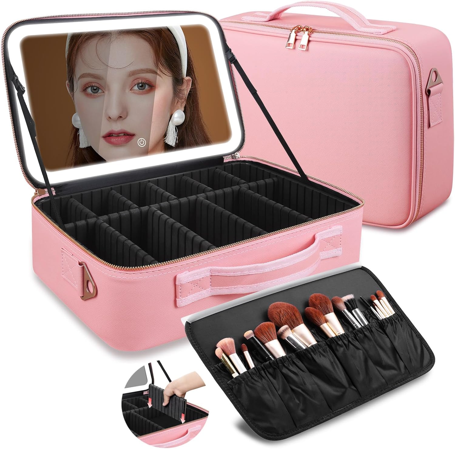 Beauty Makeup Vanity - 大容量メイクアップバッグ 15インチ×11インチ LEDミラー付き 3色ライト メイクアップケースオーガナイザー トラベルコスメティックバッグ